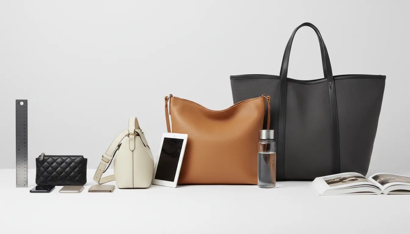 Visual size comparison of luxury handbags from clutch to oversized tote